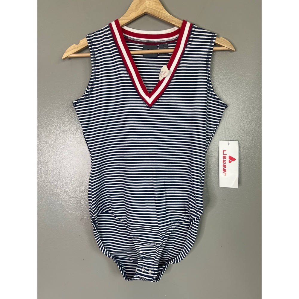 Vintage 90's Lizwear cotton bodysuit nautical stripe patriotic sailor‎ new